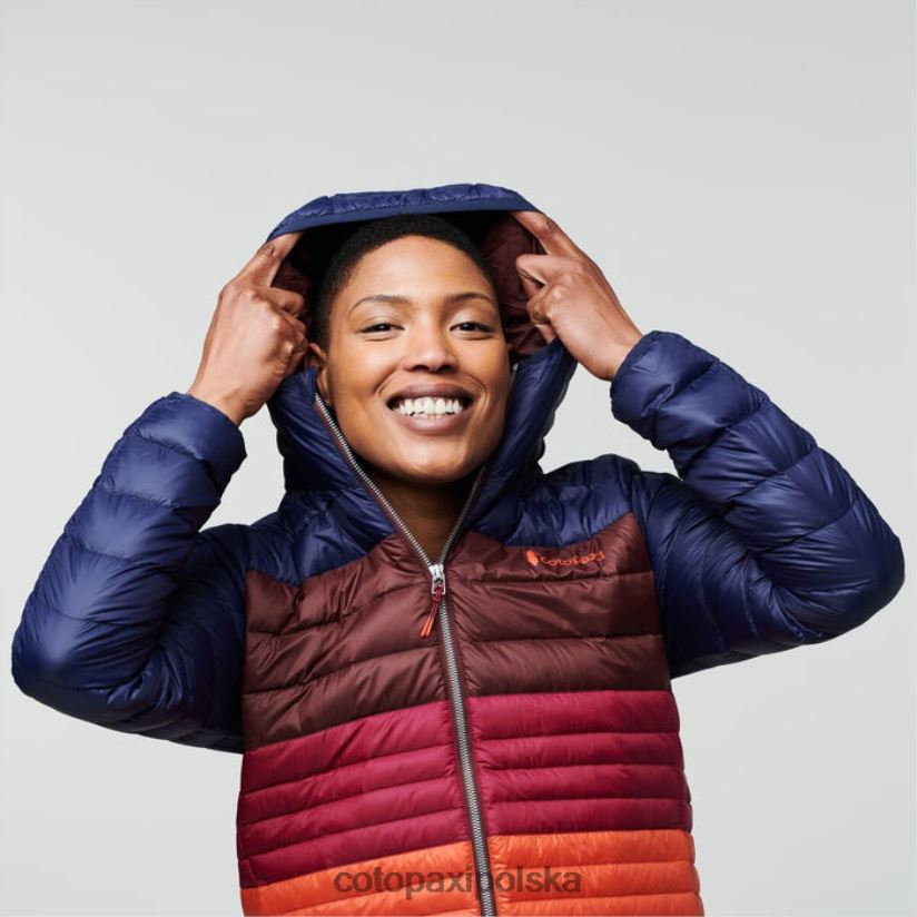 Cotopaxi Kurtka puchowa fuego z kapturem morsko-kasztanowym Colorblock damska kolekcja cotopaxi BDNZ8035 kasztan morski