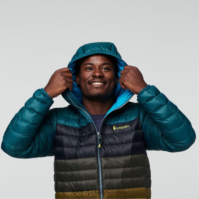 Cotopaxi marki Fuego puchowa kurtka z kapturem Colorblock męska Deep Ocean Stripes cotopaxi BDNZ80446 głębokie paski oceanu