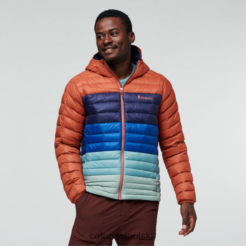 Cotopaxi oryginalna męska kurtka puchowa z kapturem cotopaxi spice stripes fuego colorblock BDNZ80447 paski przypraw